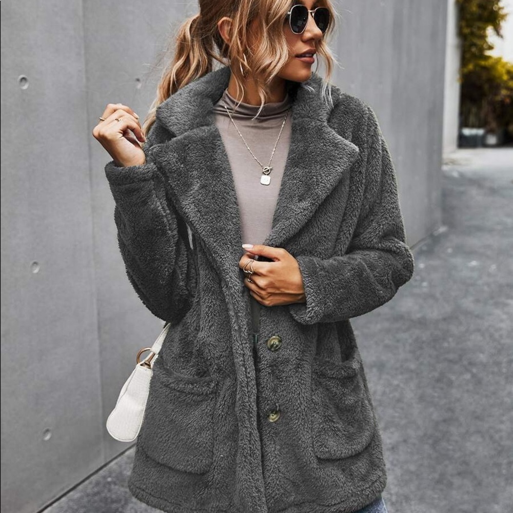 Charcoal comfy button pocket teddy jacket pea coat - Picture 9 of 12